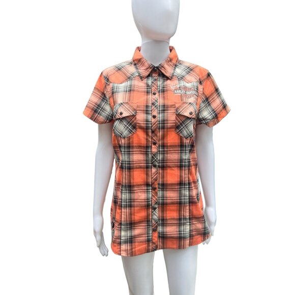 Harley-Davidson Womens Plaid Button-Up Shirt Orange/Black Short Sleeve L - Picture 5 of 6